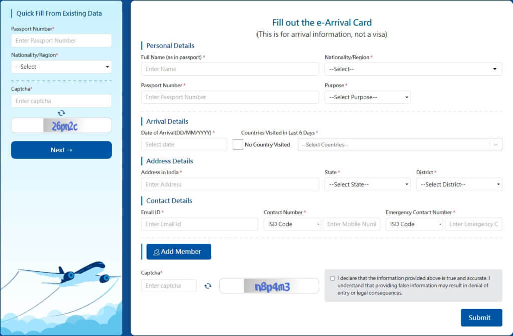 這張圖片展示印度電子入境卡（e-Arrival Card）的官方填寫介面，畫面左側以藍色區塊呈現「快速匯入資料」功能，使用者可輸入護照號碼與國籍（如TAIWAN）後，自動帶入電子簽證資訊。右側為手動填寫區塊，包括個人資料、護照資訊、入境日期、過去6天旅行史、印度當地住址、聯絡方式及緊急聯絡人。表單底部需輸入驗證碼並勾選聲明，完整後才能提交。此畫面常用於引導首次前往印度的旅客理解電子入境卡的填寫流程。